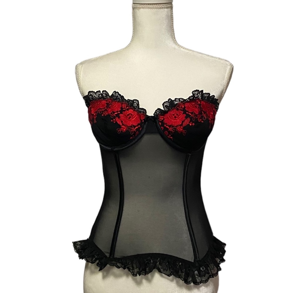 Vintage Victoria’s Secret Corset Bustier 90’s Red Rose Floral Embroidered Goth